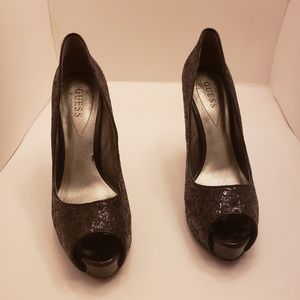 Guess Black Glitter Peep Toe Pump
